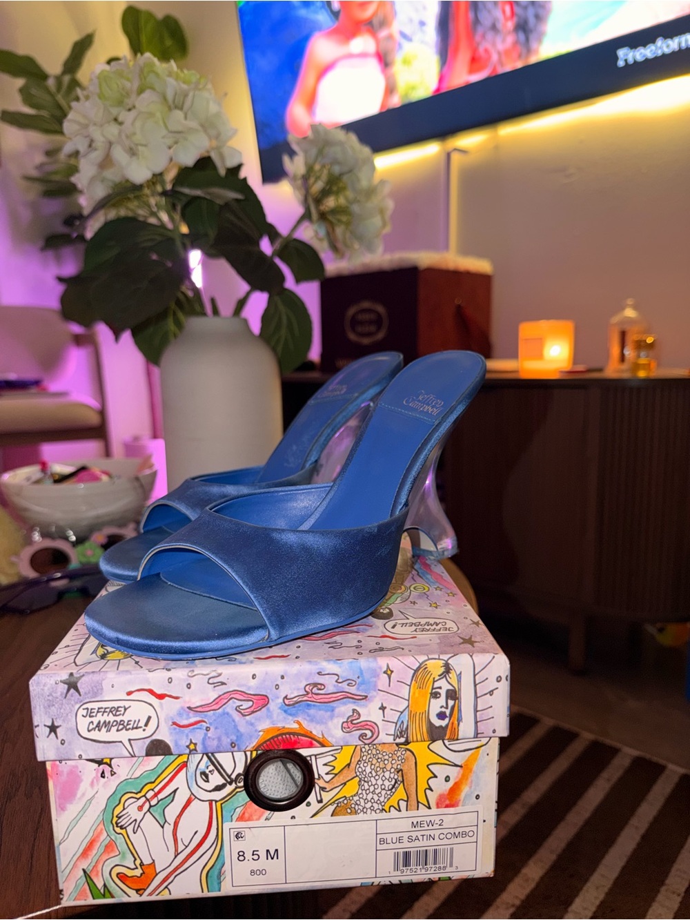 Jeffrey Campbell Blue Satin Slide Heels with Clear Sculpted Heel
